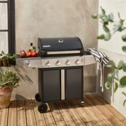 Barbecue A Gas - Modello Bazin 4 Grigio Antracite - Cucina Da Esterno 4 Bruciatori + 1 Fornello Laterale Con Ripiani E Termometro, Armadietto E Ruote