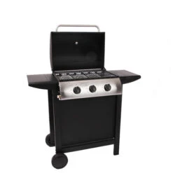 LOFOTEN - Barbecue A Gas Da Esterno 3 Fuochi - Potenza 8,4 KW - Chiusura Cappa Con Termometro - 2 Griglie In Acciaio Cromato, 2 Ripiani Laterali, 1 Vassoio Basso - 2 Ruote - Nero