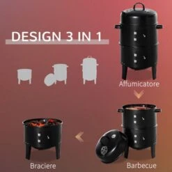 Outsunny Barbecue A Carbone 3 In 1 Con Coperchio, Termometro E 3 Livelli Indipendenti, In Acciaio Nero -Sconto Weber || Campingaz || OUTSUNNY in Italia 54558151 4