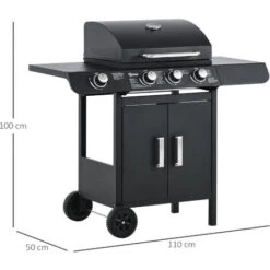 Outsunny Barbecue A Gas Con Coperchio, 4 Bruciatori Da 11.6kW, Fornello, Mensola E 2 Ruote, 110x50x100cm Nero -Sconto Weber || Campingaz || OUTSUNNY in Italia 55054594 3