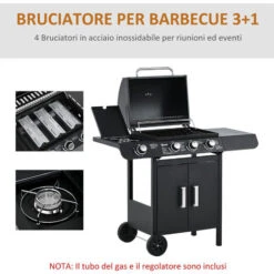 Outsunny Barbecue A Gas Con Coperchio, 4 Bruciatori Da 11.6kW, Fornello, Mensola E 2 Ruote, 110x50x100cm Nero -Sconto Weber || Campingaz || OUTSUNNY in Italia 55054594 5