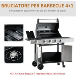 Outsunny Barbecue Gas Con Coperchio E 5 Bruciatori Da 15.2kW E 4 Ruote, 128x50x113cm -Sconto Weber || Campingaz || OUTSUNNY in Italia 55054595 5