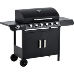 Outsunny Barbecue A Gas Con Coperchio, 7 Bruciatori Da 20kW, Fornello Laterale E 2 Ruote, 135x50x100cm Nero