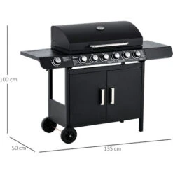 Outsunny Barbecue A Gas Con Coperchio, 7 Bruciatori Da 20kW, Fornello Laterale E 2 Ruote, 135x50x100cm Nero -Sconto Weber || Campingaz || OUTSUNNY in Italia 59115654 3