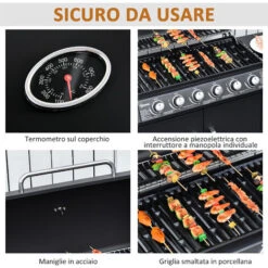 Outsunny Barbecue A Gas Con Coperchio, 7 Bruciatori Da 20kW, Fornello Laterale E 2 Ruote, 135x50x100cm Nero -Sconto Weber || Campingaz || OUTSUNNY in Italia 59115654 4