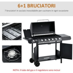 Outsunny Barbecue A Gas Con Coperchio, 7 Bruciatori Da 20kW, Fornello Laterale E 2 Ruote, 135x50x100cm Nero -Sconto Weber || Campingaz || OUTSUNNY in Italia 59115654 5