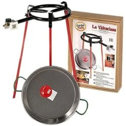 Set Di Padelle Per Paella Lucide Da 38 Cm Con Treppiede E Bruciatore A Gas Da 300 Mm. Vaello