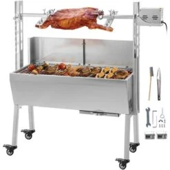 VEVOR Girarrosto BBQ Per Agnello Capacita Da 40kg Con Lamiera, Griglia A Barbecue Motore Elettrico 25W Con Forchetta Per Arrosto, Forno In Piedi BBQ In Acciaio Inox Con Pedana E Ruote Per Campeggio