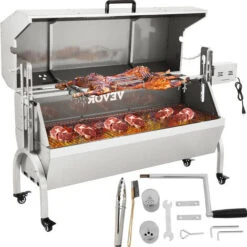 VEVOR Girarrosto Elettrico 40W In Acciaio Inox Con Griglia Forchetta Per Agnello Tacchino Pollo Da Esterno Campeggio Carico Max. 60kg, Set Girarrosto Elettrico Con Coperchio Maniglia In Acciaio Inox